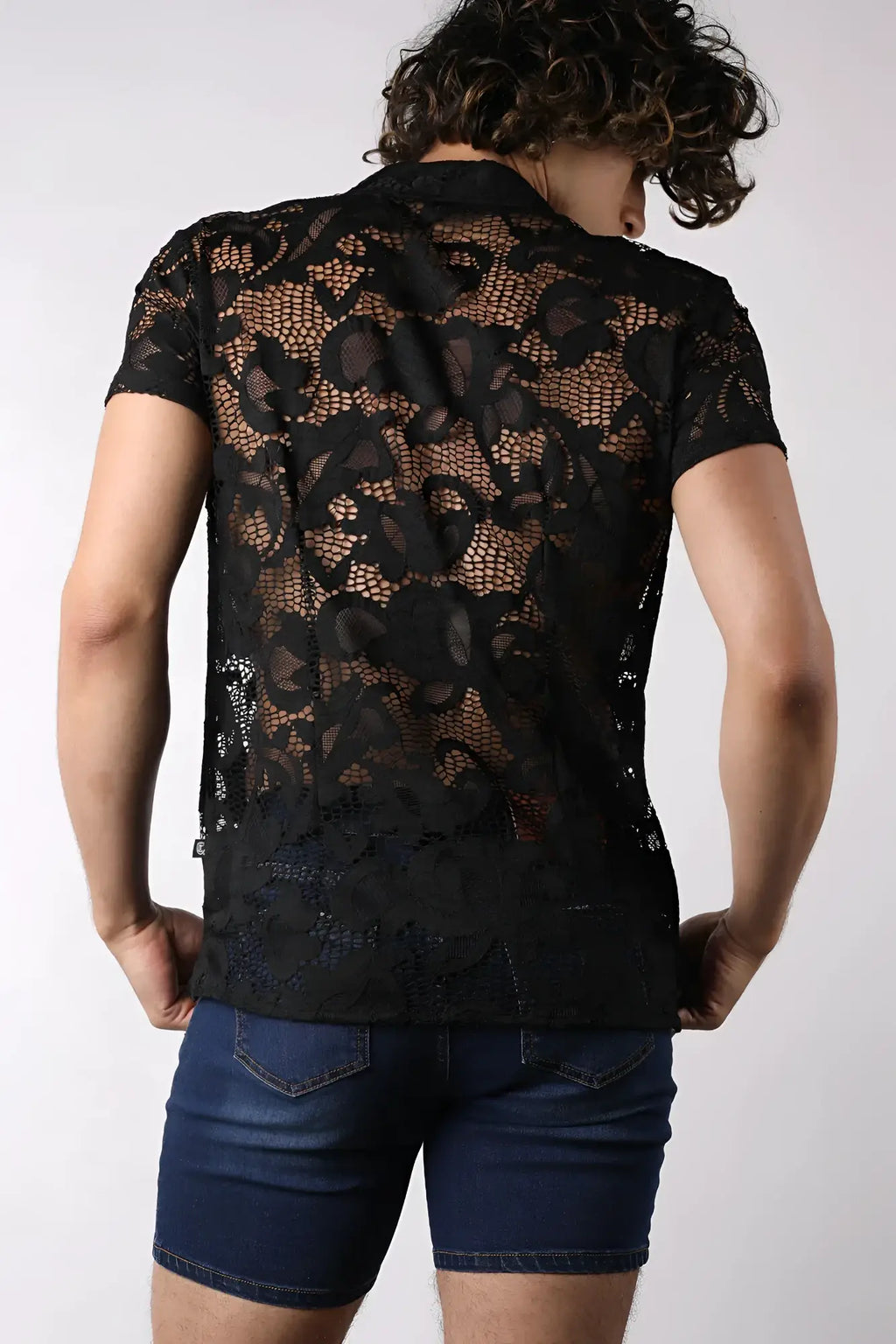 Black lace up button down mesh shirt with short sleeves and intricate floral lace patterns