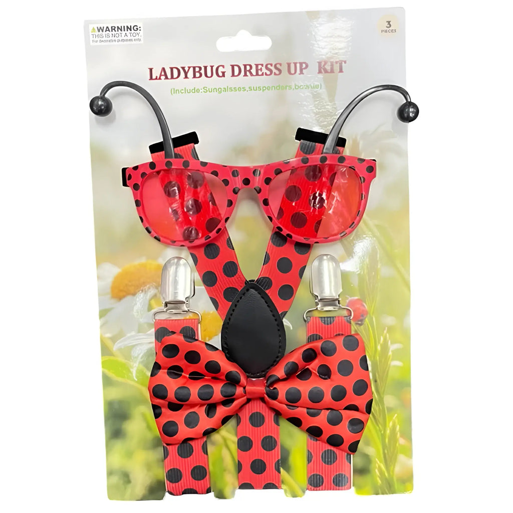 Ladybug dress-up kit with red and black polka-dotted dress, sunglasses, suspenders, and bow tie accessories