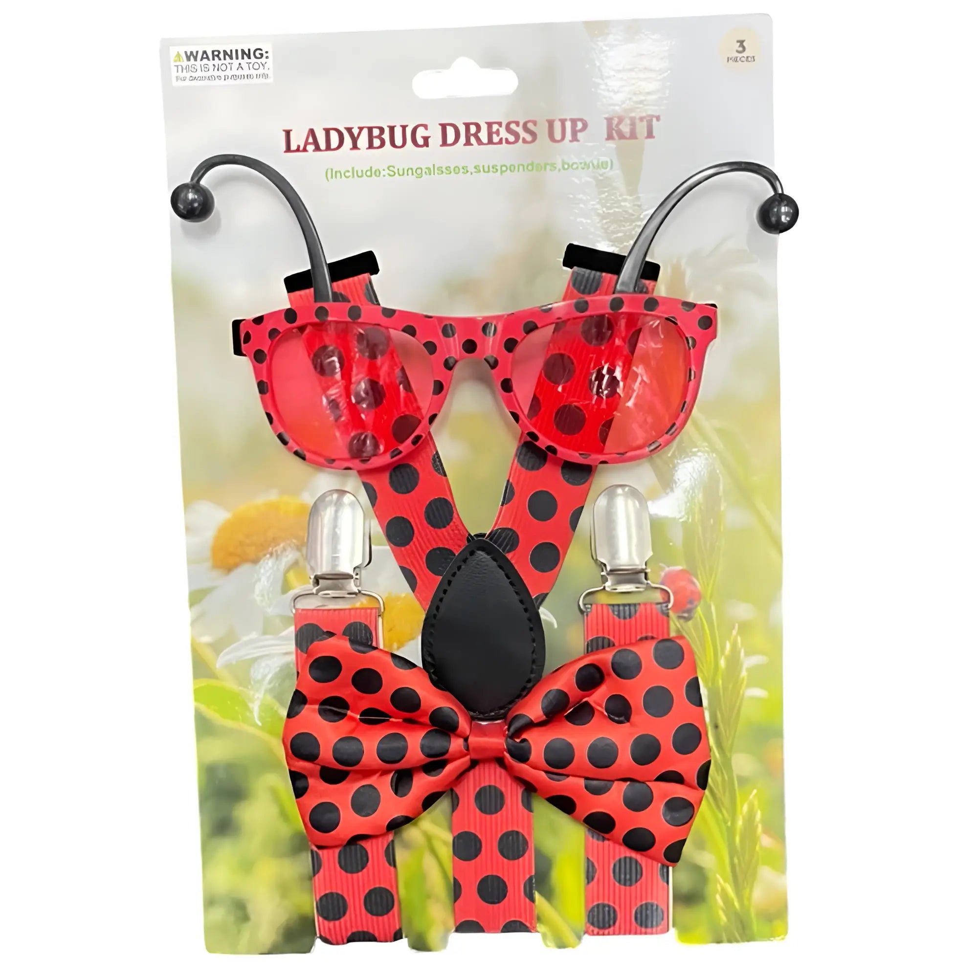 Ladybug dress-up kit with red and black polka-dotted dress, sunglasses, suspenders, and bow tie accessories