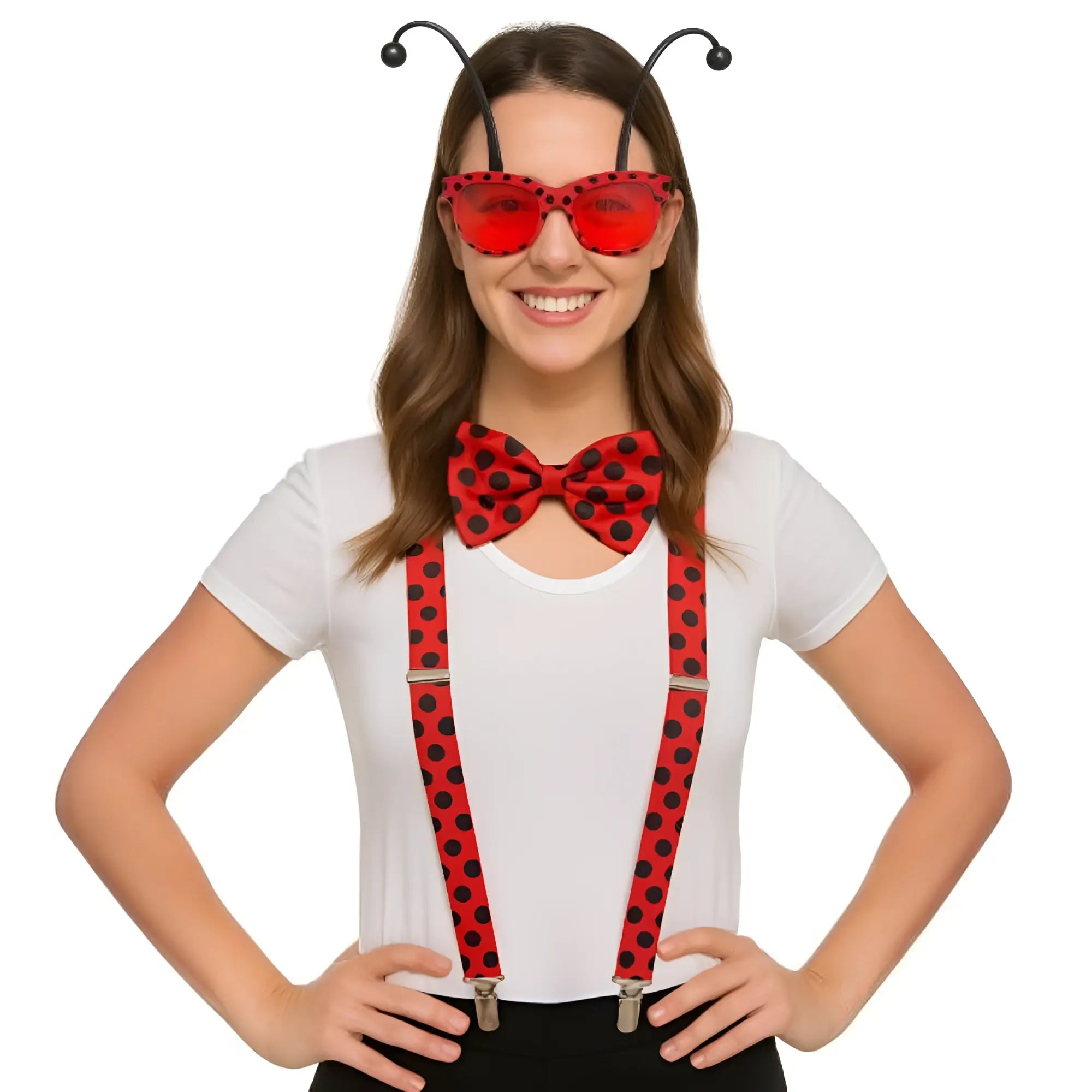 Red polka-dot bow tie with black spots from ladybug dress-up kit perfect for costume accessories