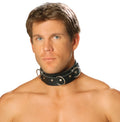 Black leather collar with three silver o rings and metal studs designed for adjustable and secure wear