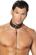 Black leather collar with silver metal studs and a dangling chain featuring a silver O ring centerpiece