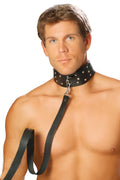 Black leather collar with silver studs and matching leash designed for durable and stylish pet restraint