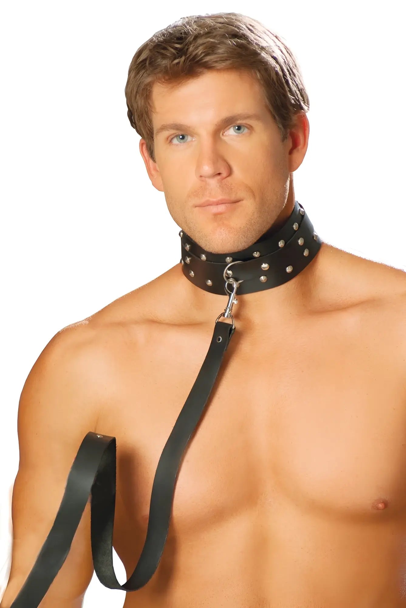 Black leather collar with silver studs and matching leash designed for durable and stylish pet restraint