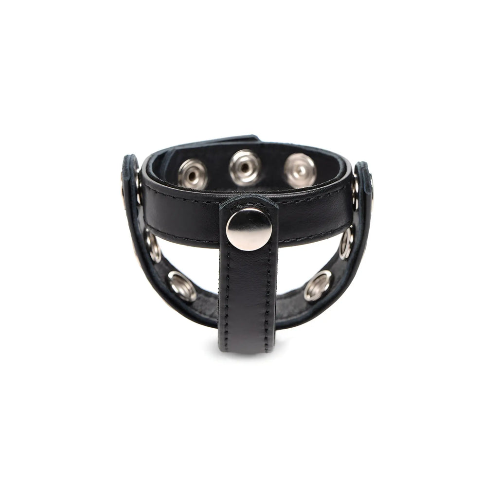 Black leather snap-on cock harness wristband with silver metal snap buttons and central circular clasp
