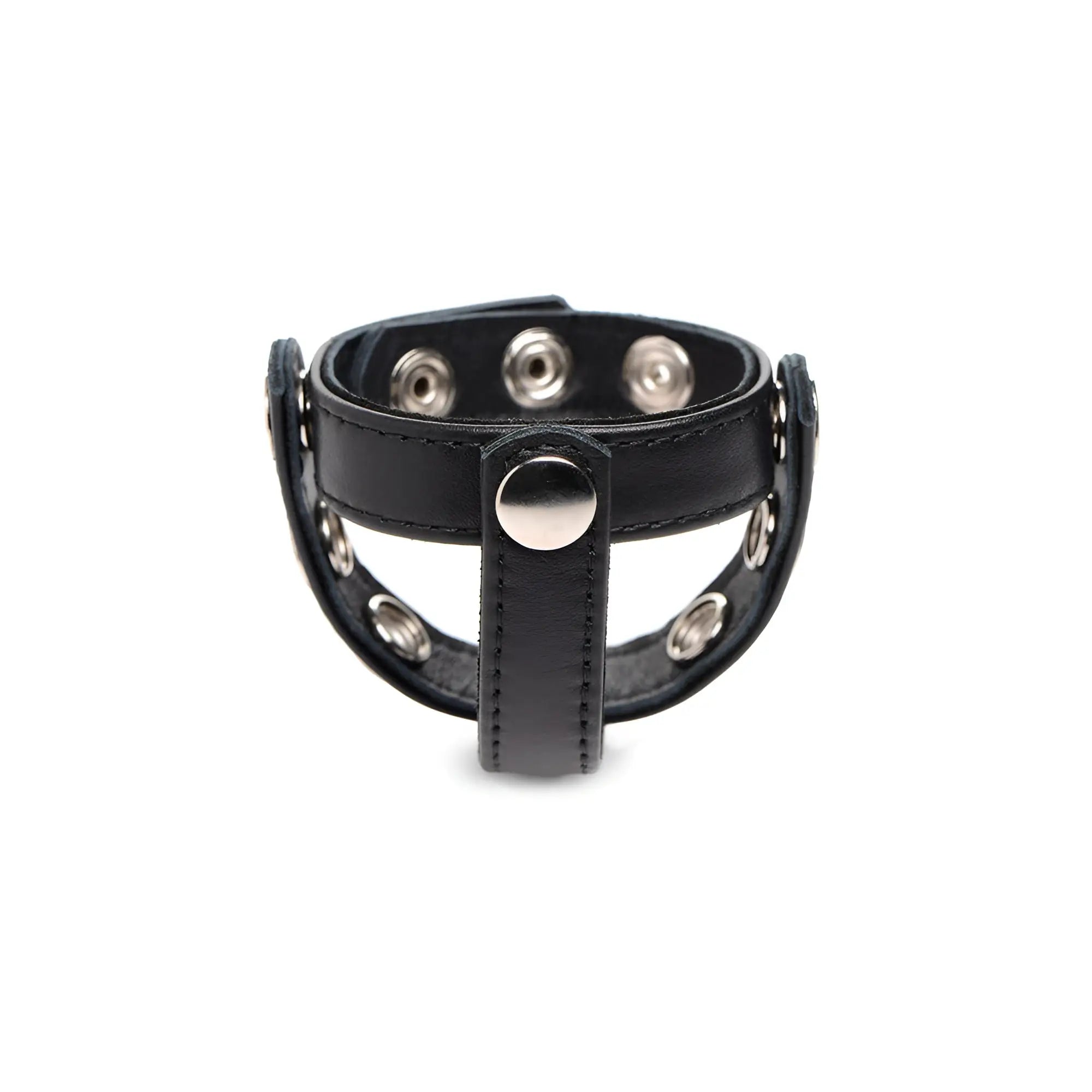 Black leather snap-on cock harness wristband with silver metal snap buttons and central circular clasp