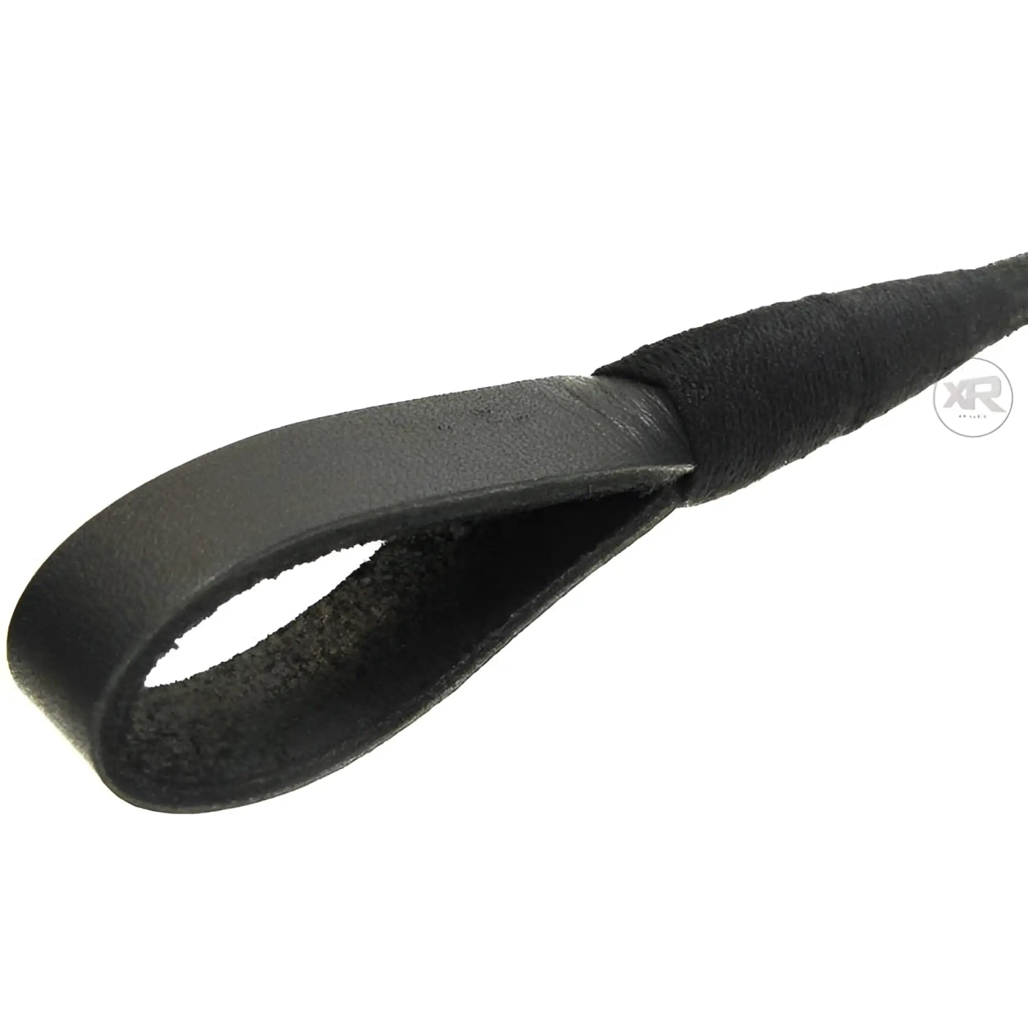 Black leather strip tip crop with textured grip handle and stitched edges for comfortable use