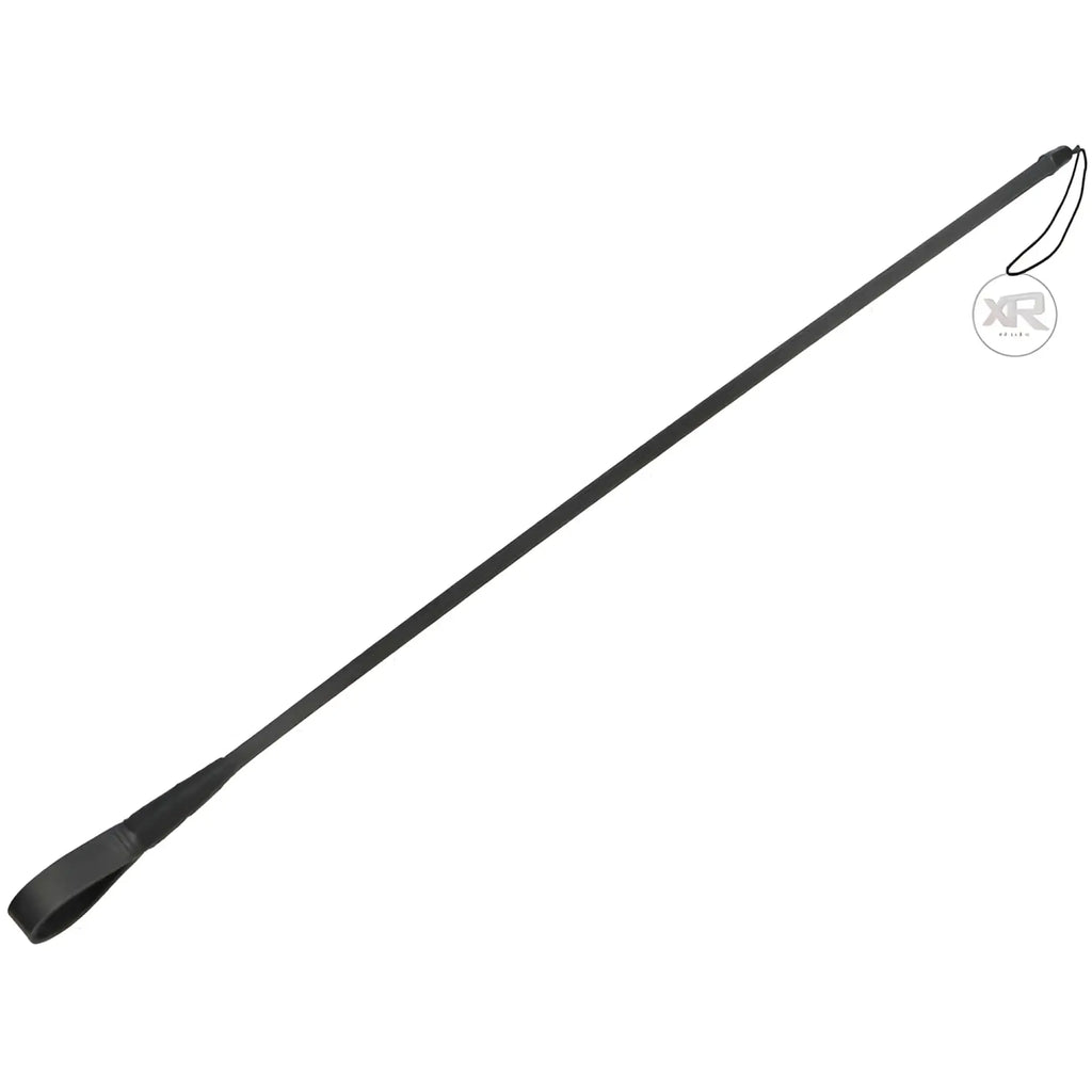 Black leather strip tip crop with looped handle and small hanging tag for riding and equestrian use