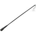 Black leather strip tip crop with looped handle and small hanging tag for riding and equestrian use