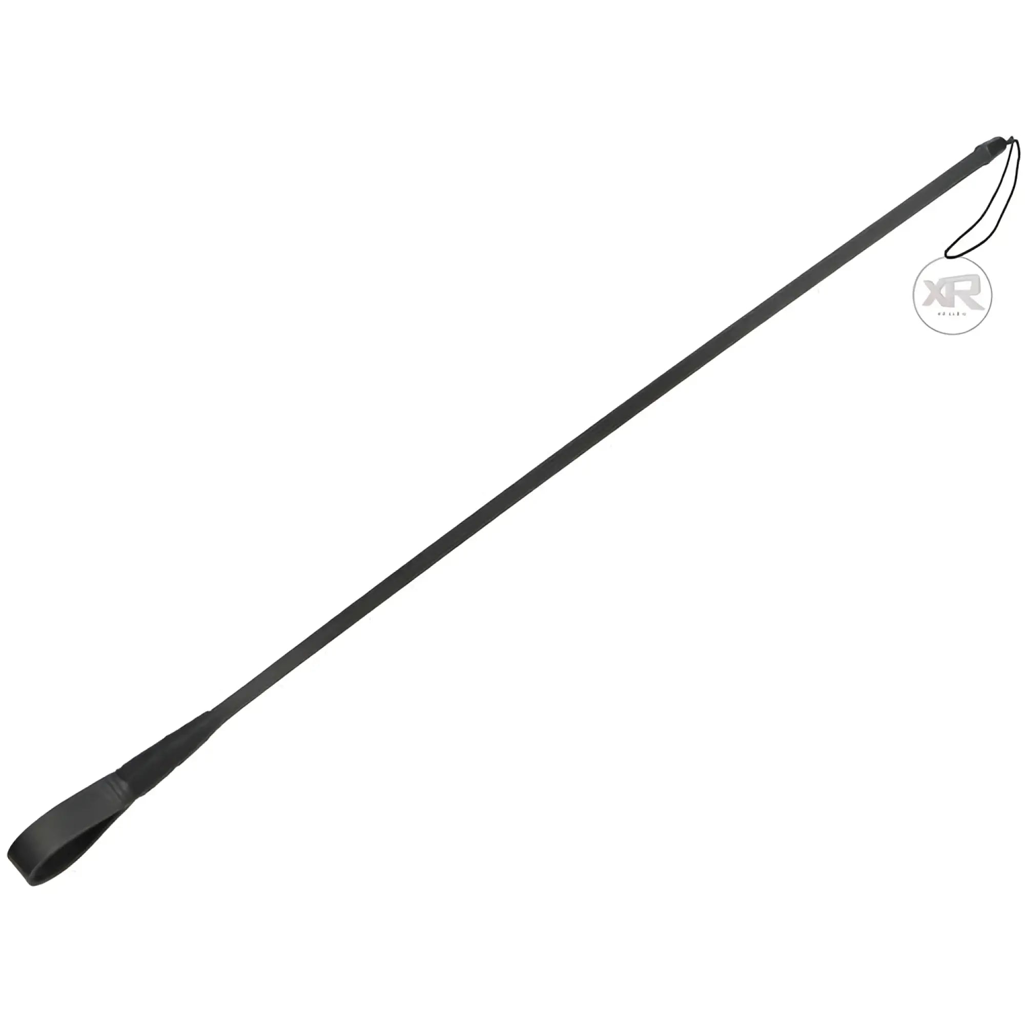 Black leather strip tip crop with looped handle and small hanging tag for riding and equestrian use