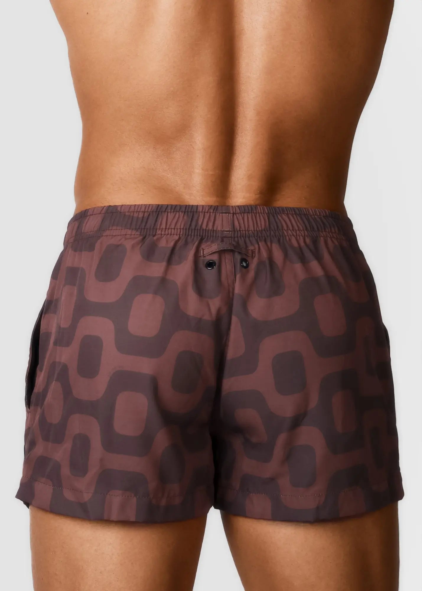Leborn pavement shorts italian shorts brown and dark brown geometric pattern swim trunks with elastic waistband