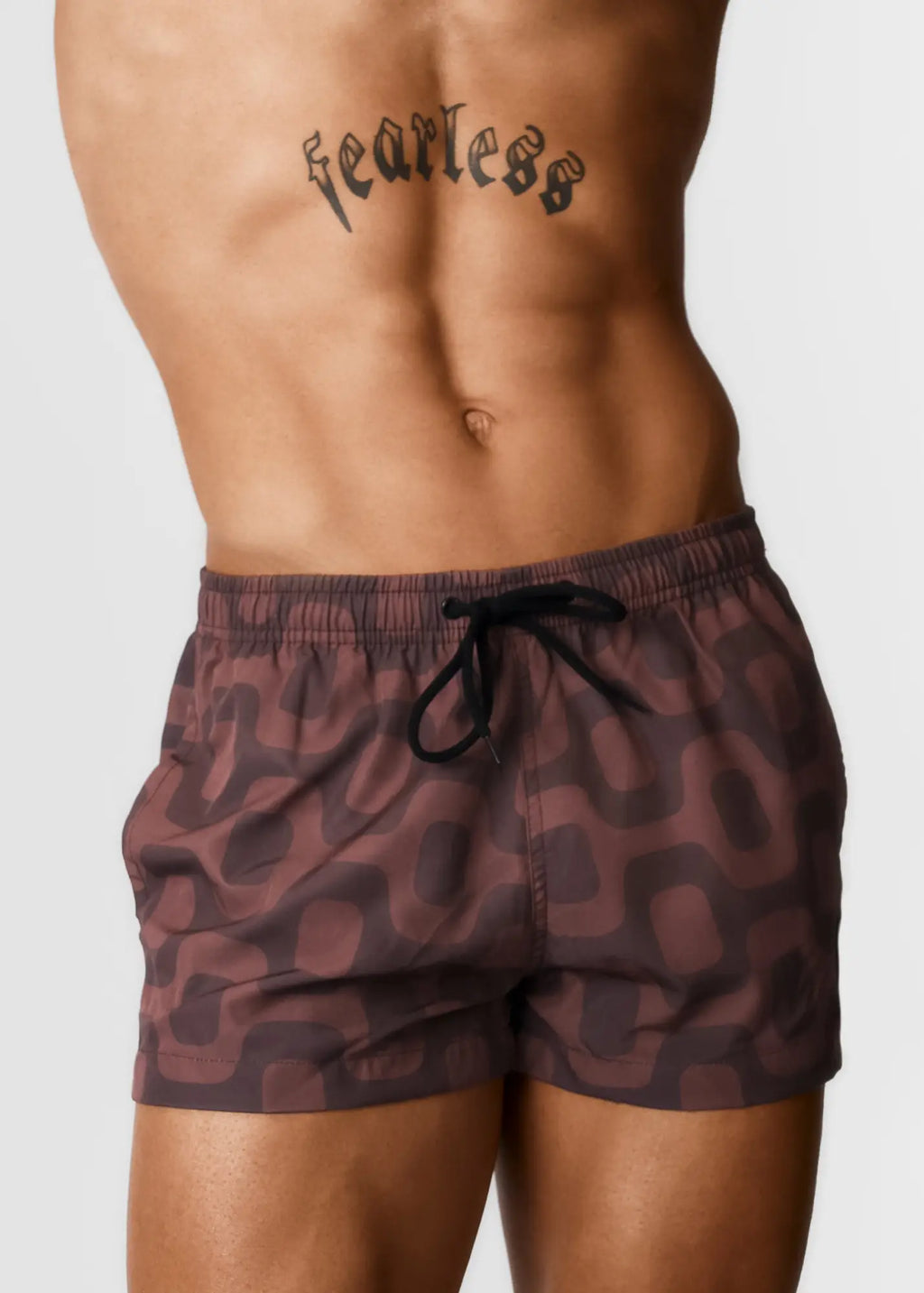 Leblon Pavement Italian shorts brown leopard-print swim trunks with black drawstring waistband for casual wear
