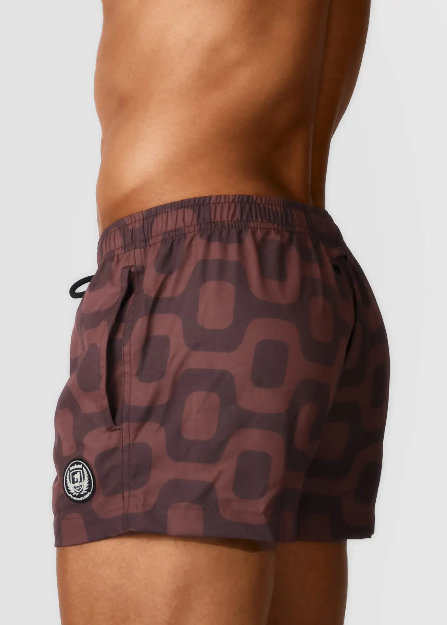 Brown patterned lebrelon pavement italian swim trunks with geometric design and elastic waistband