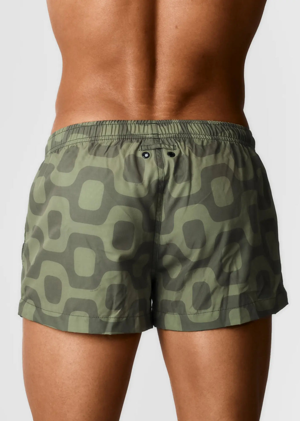 Leblon pavement shorts olive green and dark gray geometric patterned swim trunks with elastic waistband italian shorts
