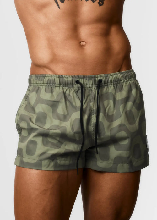 Leblon pavement shorts olive green and gray camouflage swim trunks with black drawstrings italian shorts