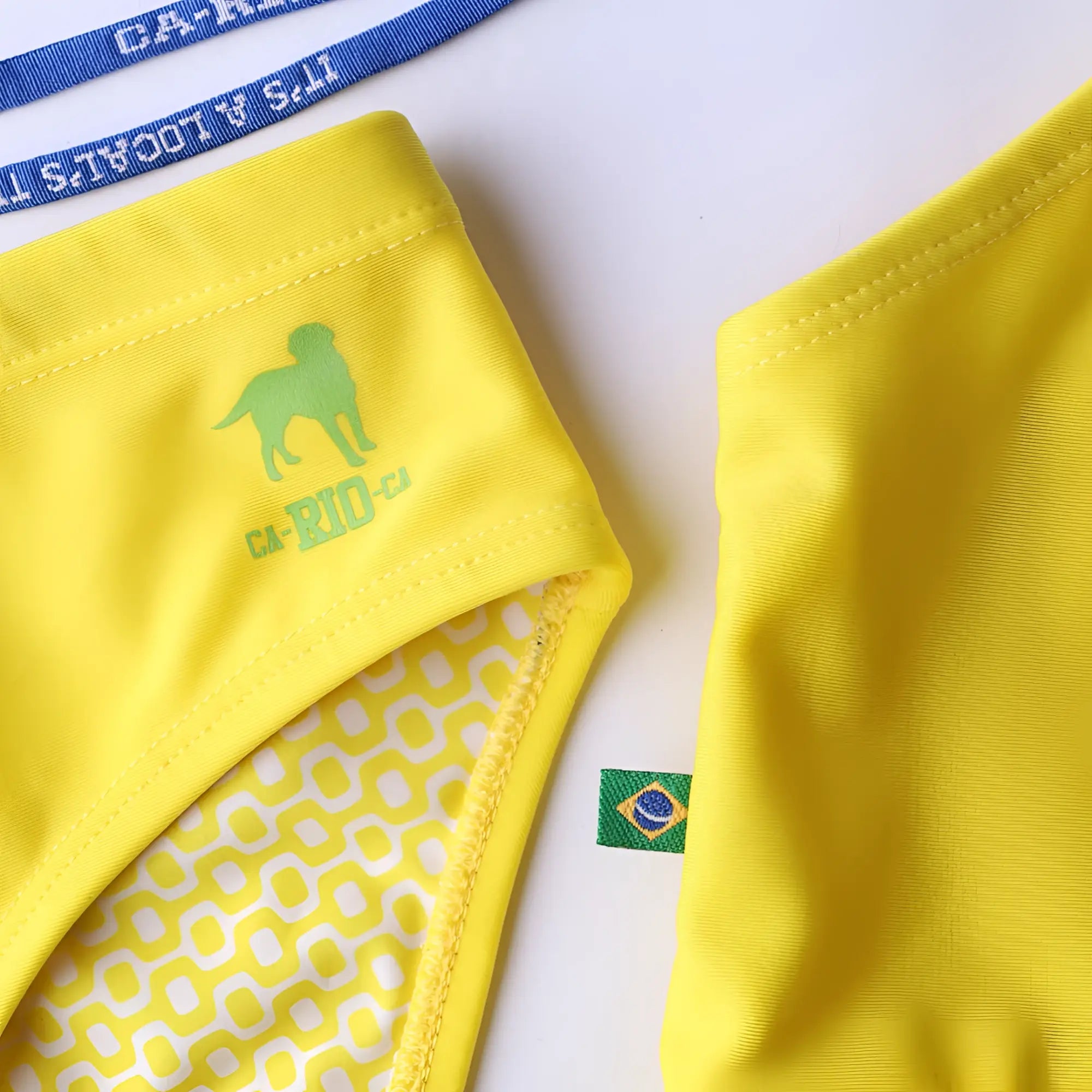 Lemonade yellow solid men’s swimming sunga in bright yellow with green dog logo and white geometric pattern interior