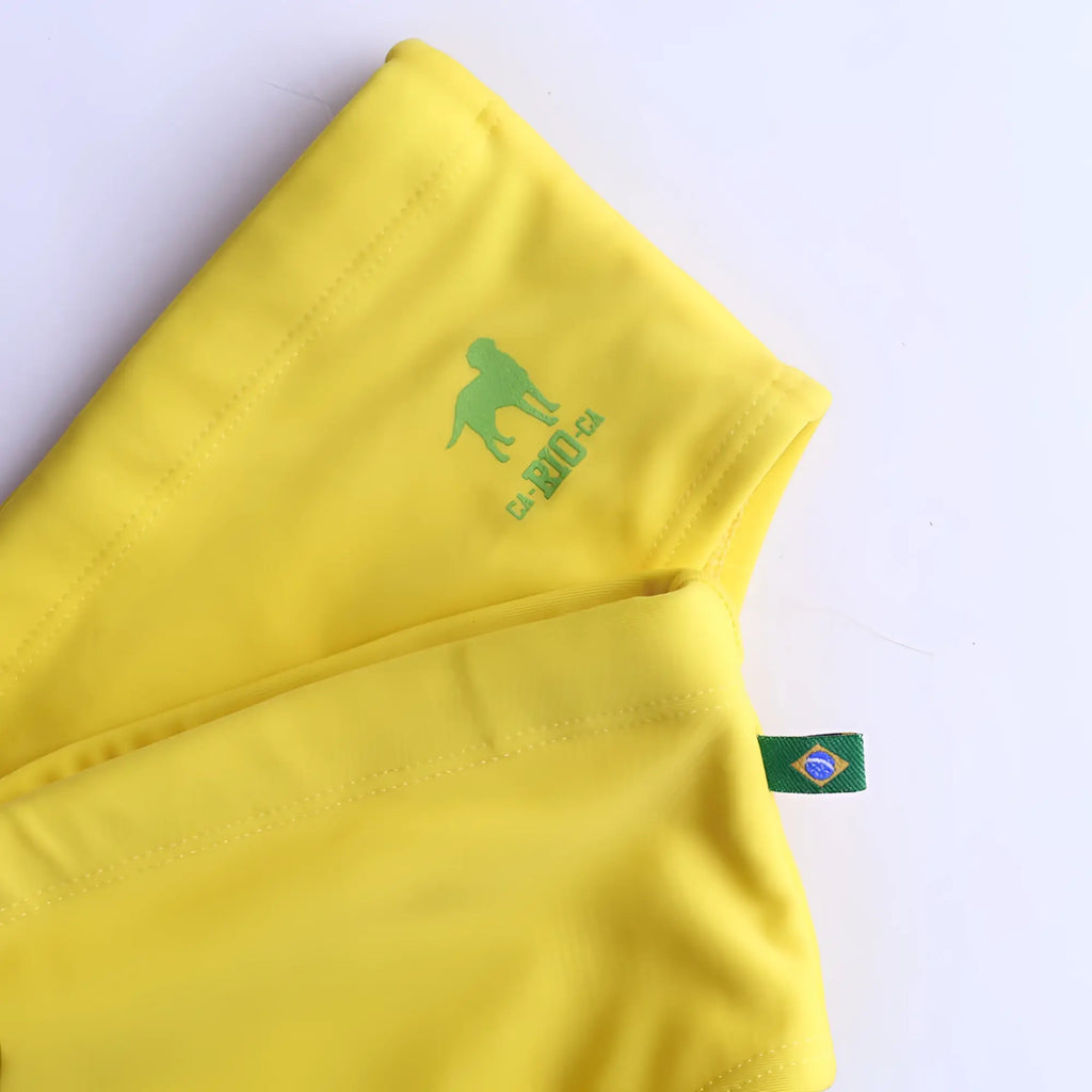 Lemonade yellow solid men’s swimming sunga with green embroidered dog logo and brazilian flag tag beachwear for men