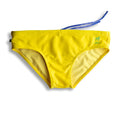Lemonade yellow solid men’s swimming sunga with bright yellow swim trunks, subtle patterned lining, and blue drawstring