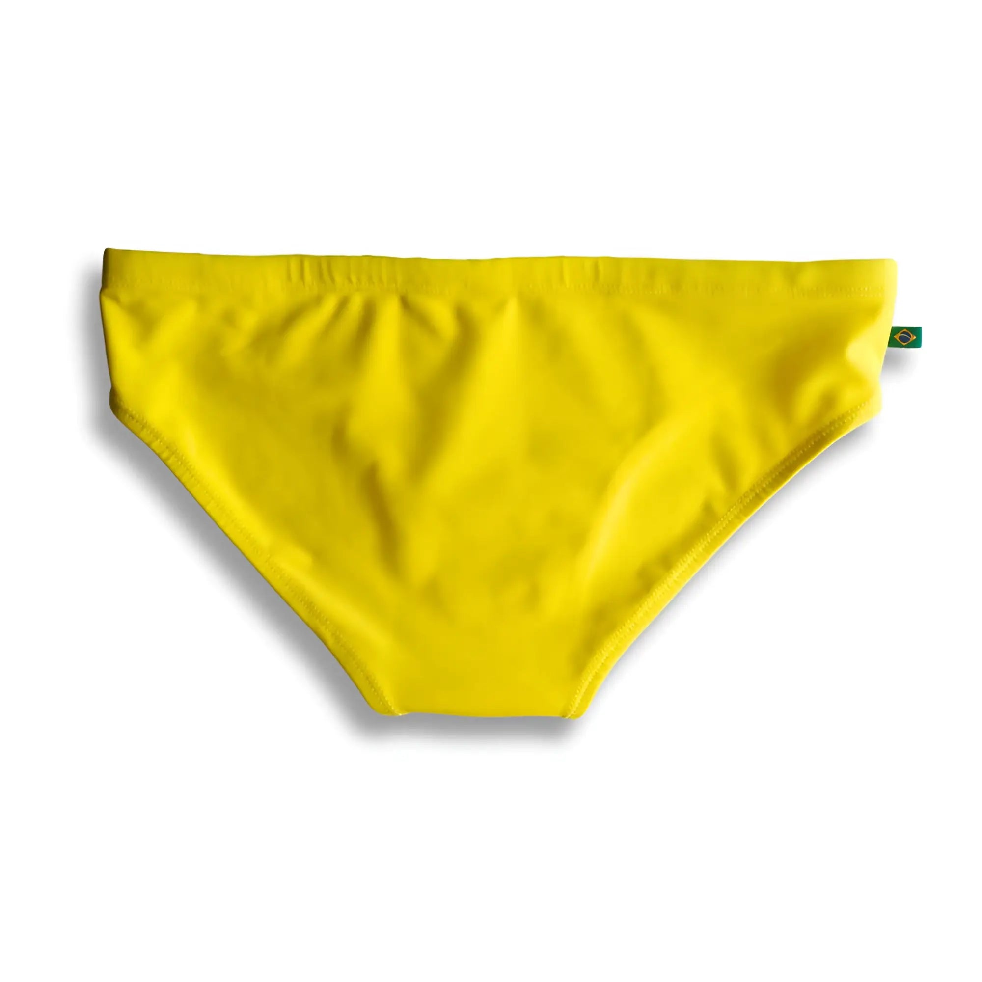 Lemonade yellow solid men’s swimming sunga in bright yellow smooth stretchy fabric with small brazilian flag tag