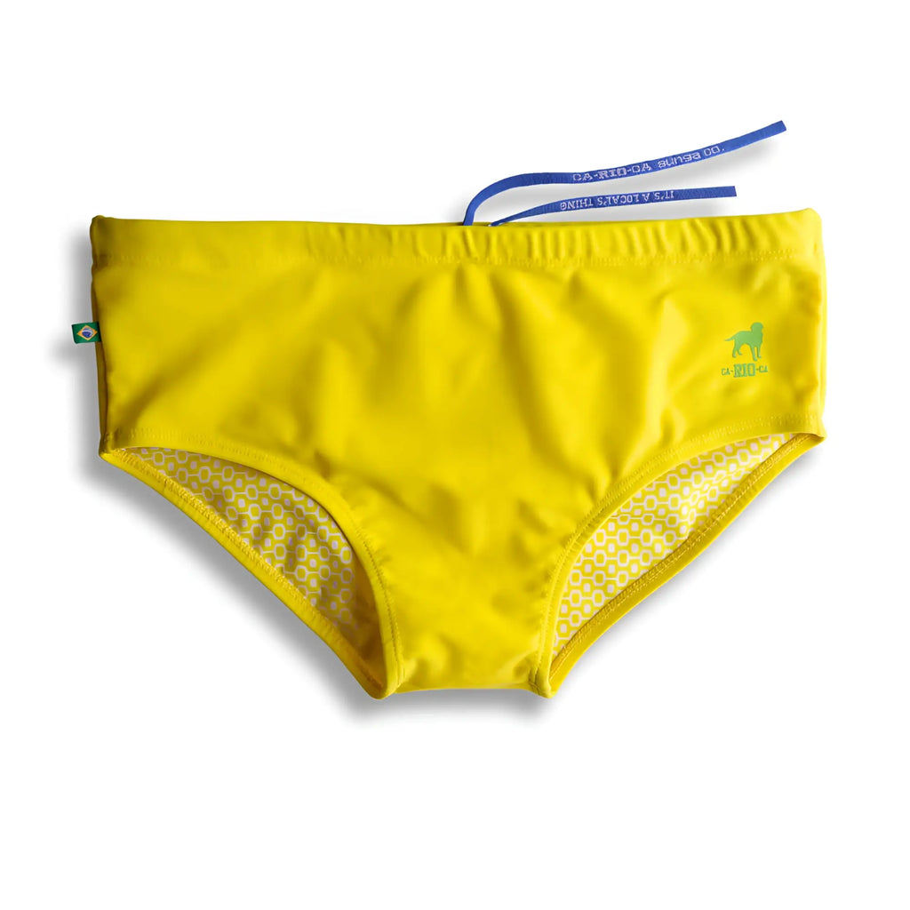 Lemonade yellow solid men’s swimming sunga with subtle patterned lining and blue drawstrings for beachwear