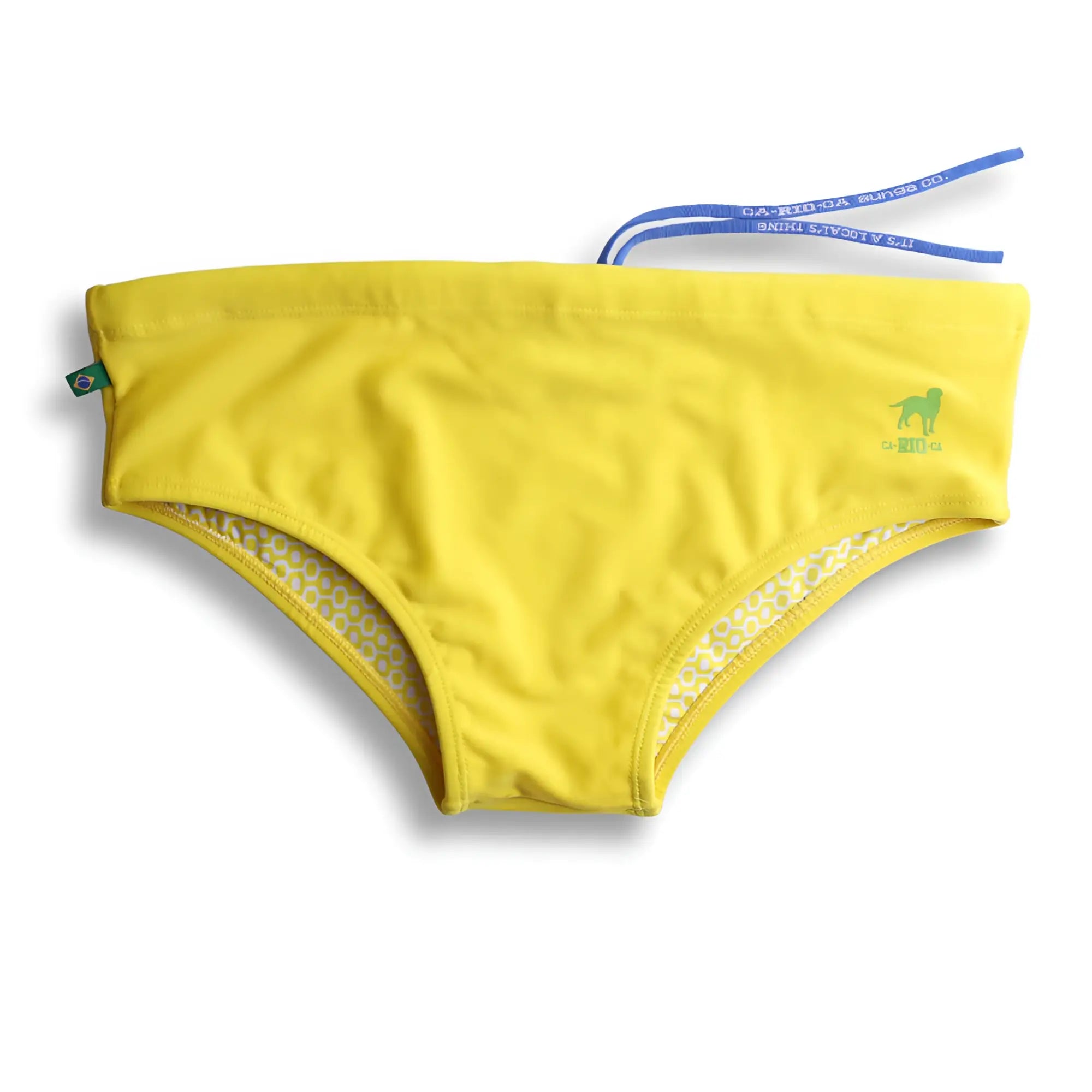 Lemonade yellow solid men’s swimming sunga with bright yellow swim trunks green dog logo and blue drawstring