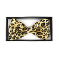 A sleek gold-toned leopard bow tie with bold black and brown spots perfect for stylish formal wear