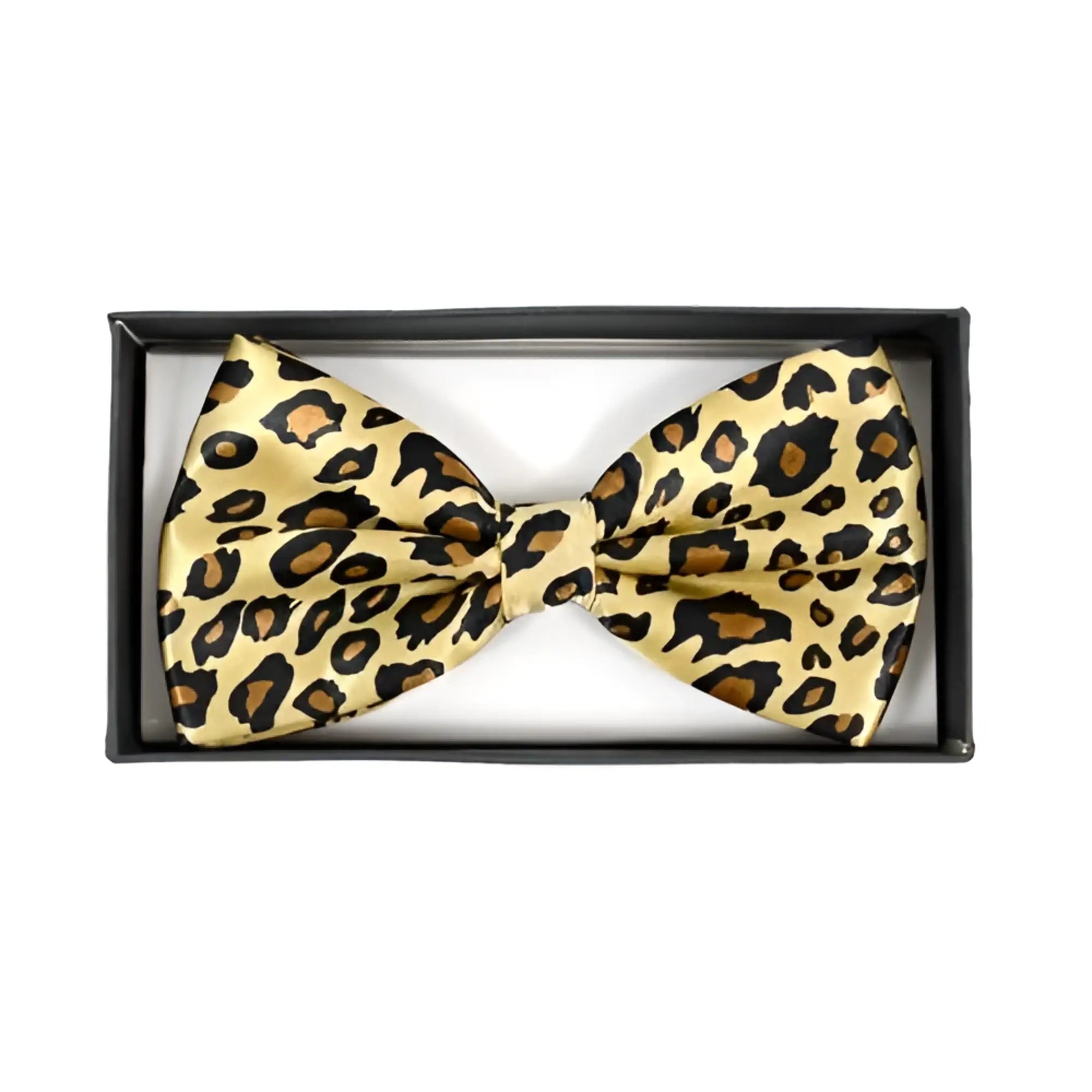 A sleek gold-toned leopard bow tie with bold black and brown spots perfect for stylish formal wear