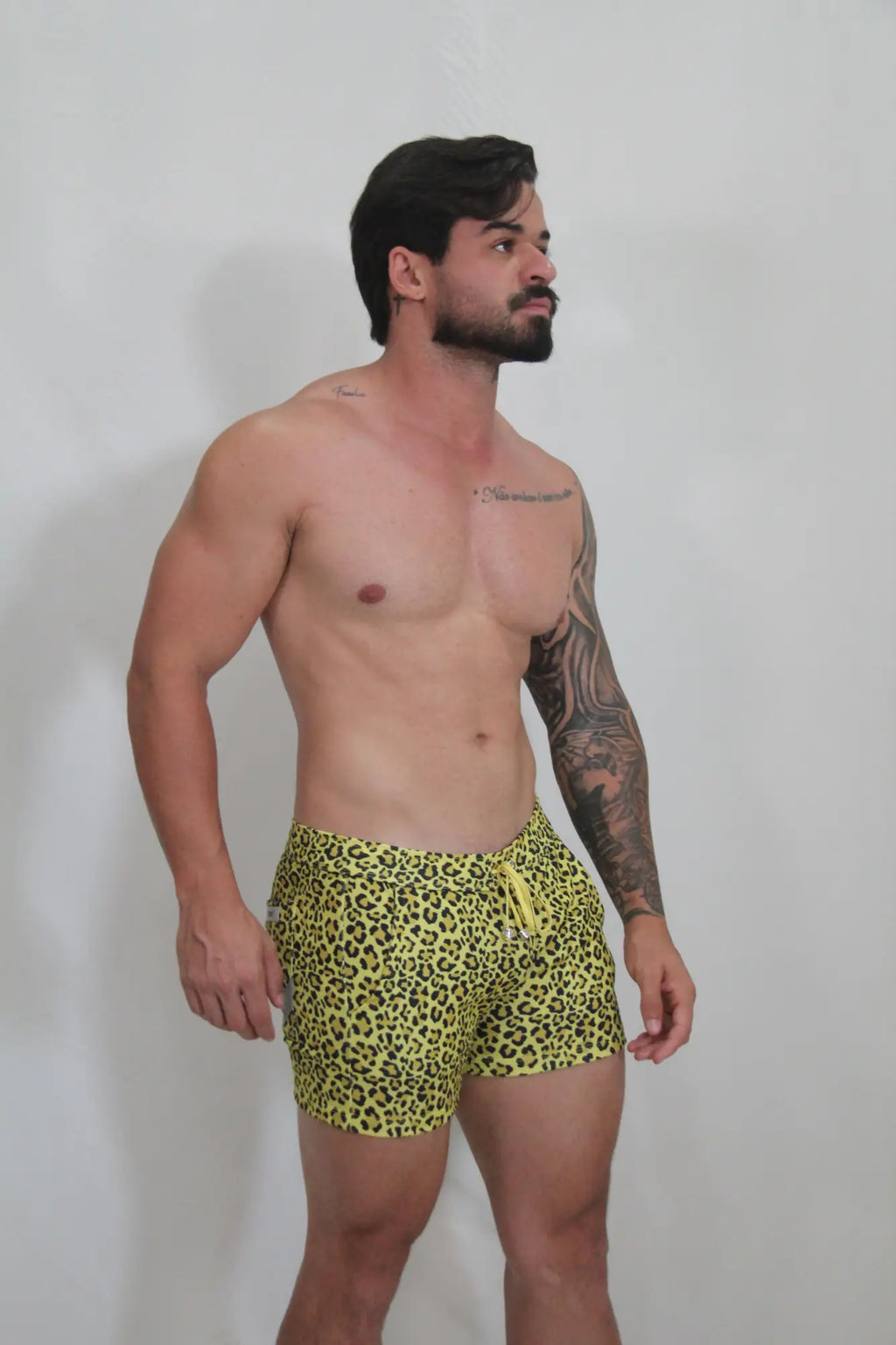 Leopard fleece short bright yellow leopard-print swim trunks with drawstring waistband for casual wear