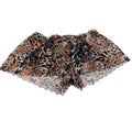 A sheer leopard print scarf with scalloped edge and delicate lace trim shown with leopard mob eroticwear lace mini boy shorts