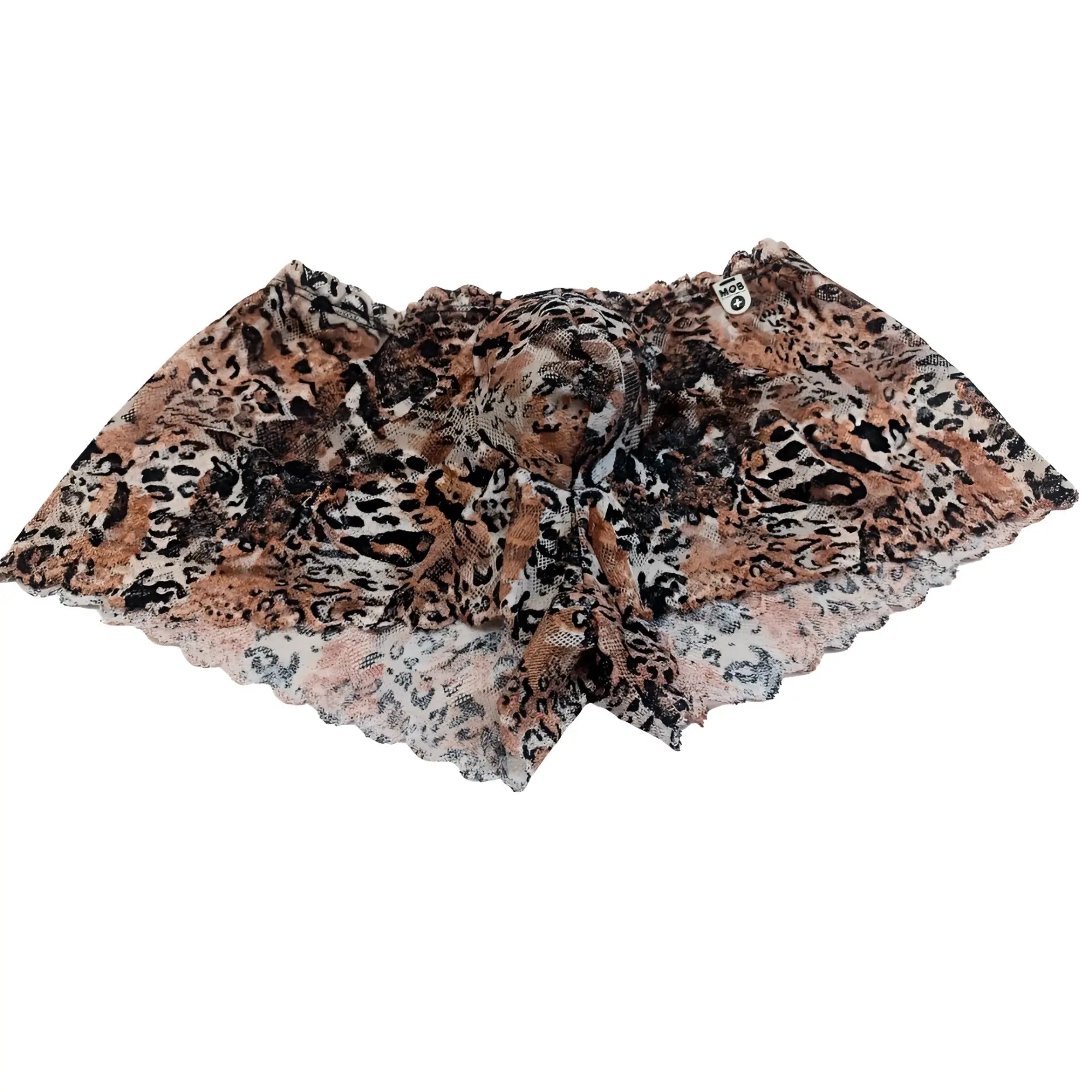 A sheer leopard print scarf with scalloped edge and delicate lace trim shown with leopard mob eroticwear lace mini boy shorts