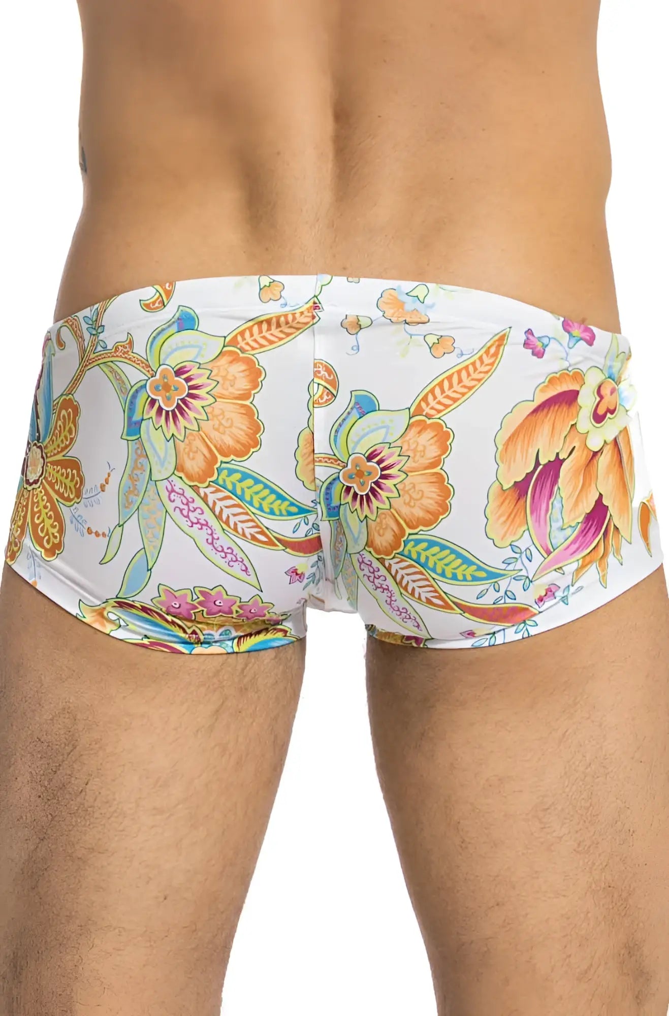 White swim trunks l homme invisible pattaya hipster square cut with vibrant orange pink and green floral pattern size l