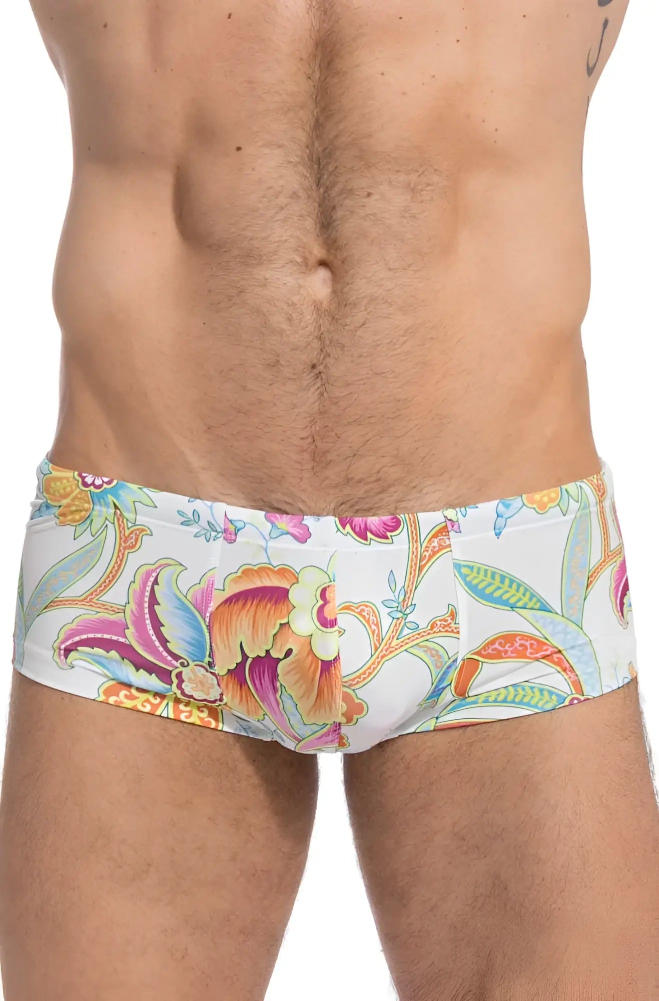 White swim trunks with vibrant pink orange blue and green floral pattern lhomme invisible pattaya hipster square cut trunk size l