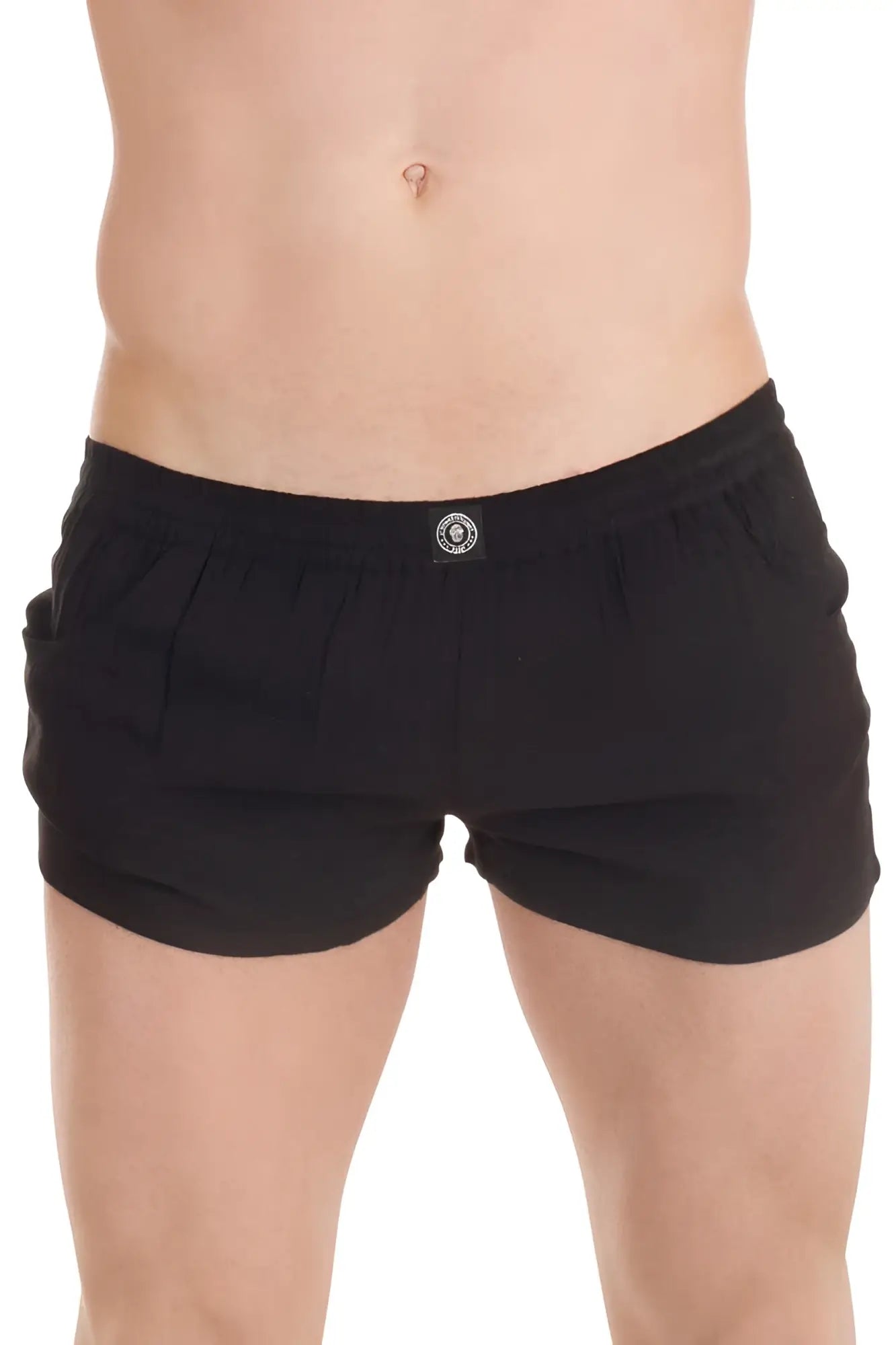 Black cotton lhomme invisible sensations lounge shorts with elastic waistband and small front circular logo size m