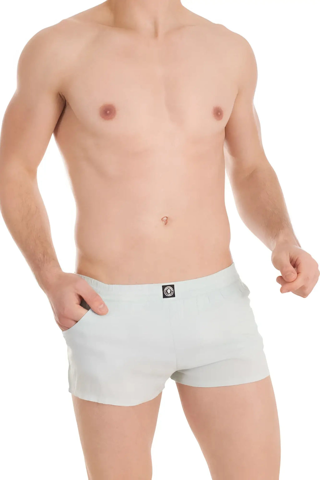 Light blue cotton briefs with small black logo on waistband from lhomme invisible sensations lounge shorts size m