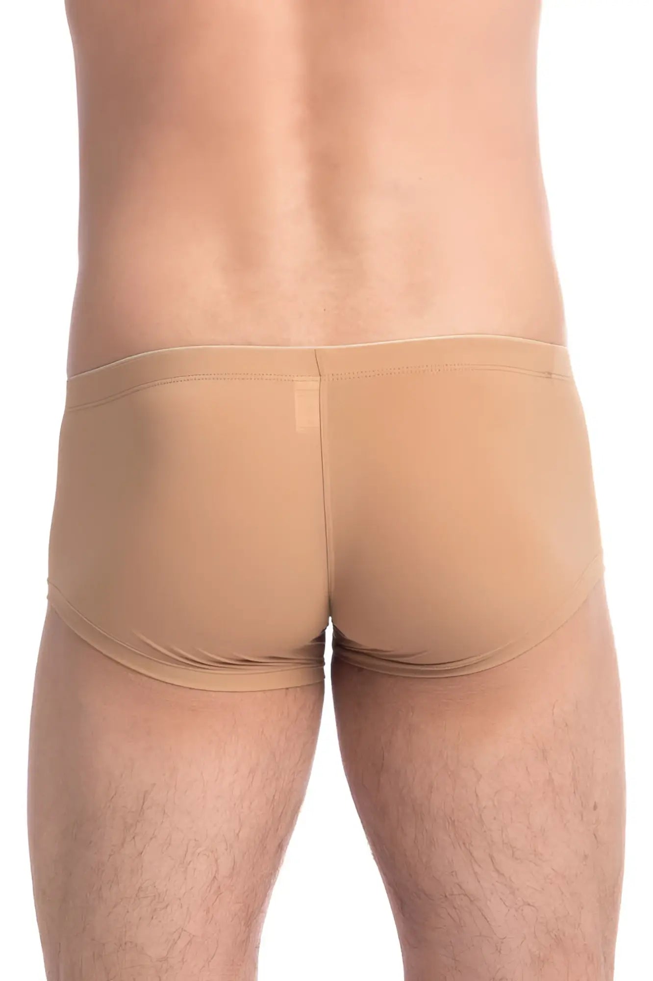 Tan form-fitting mini square cut trunk swimwear by lhomme invisible made of smooth stretchy fabric size m