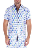 Men’s short-sleeved button-up shirt with blue and lime green anchor pattern on white background titled lifes better on a boat s s shirt