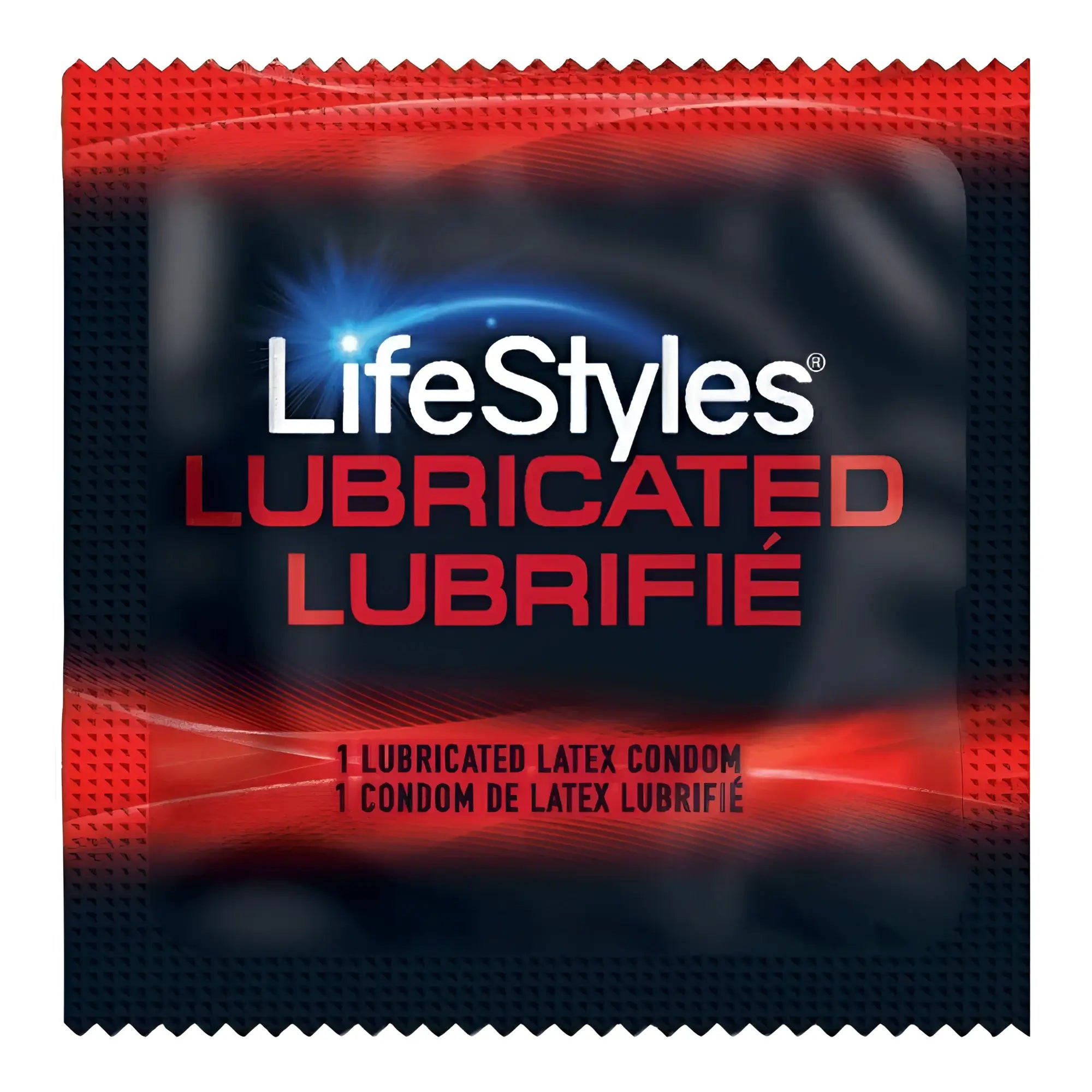 LifeStyles Ultra-Lubricated condom single foil wrapper in black and red with brand logo and bilingual text.