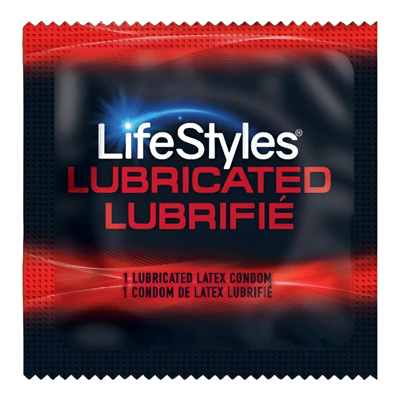 LifeStyles Ultra-Lubricated condom single foil wrapper in black and red with brand logo and bilingual text.