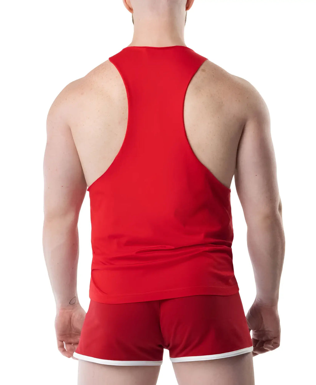 Red Lift Club Skank tank top made of breathable fabric with white trim on hem and armholes for athletic use