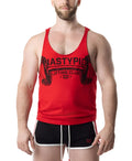 Red cotton lift club skank tank top with black barbells graphic and nastypic lifting club text on the chest