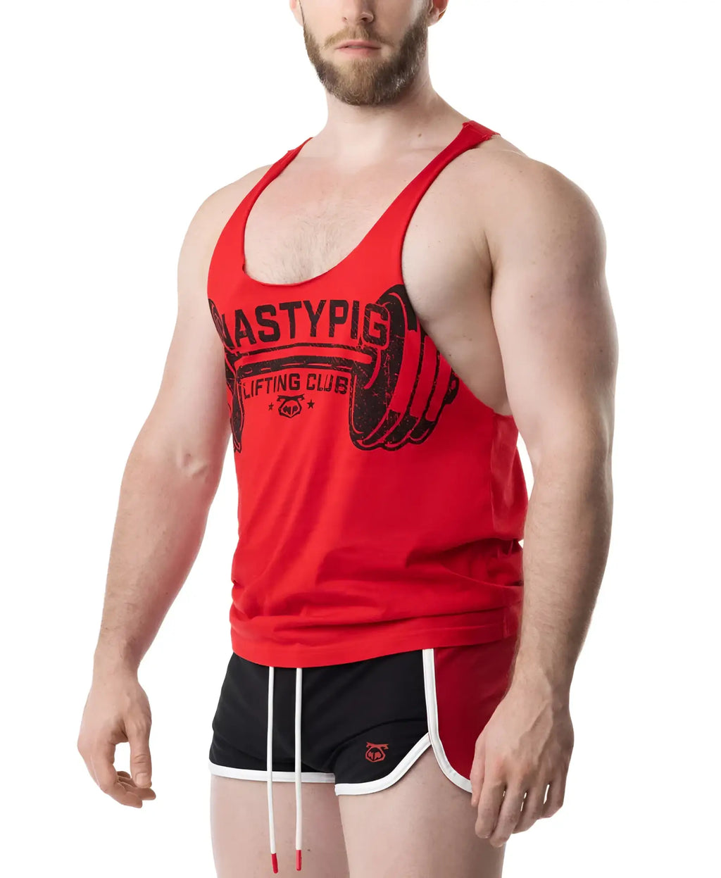 Red mastypig lifting club tank top with black graphic design perfect for gym and casual wear