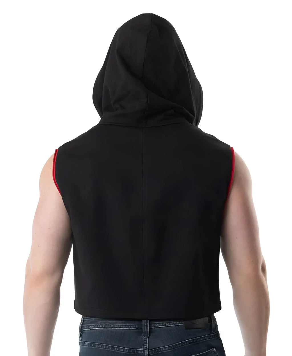 Black sleeveless crop top with hood and red trim along armholes from lift club, ideal for workout wear