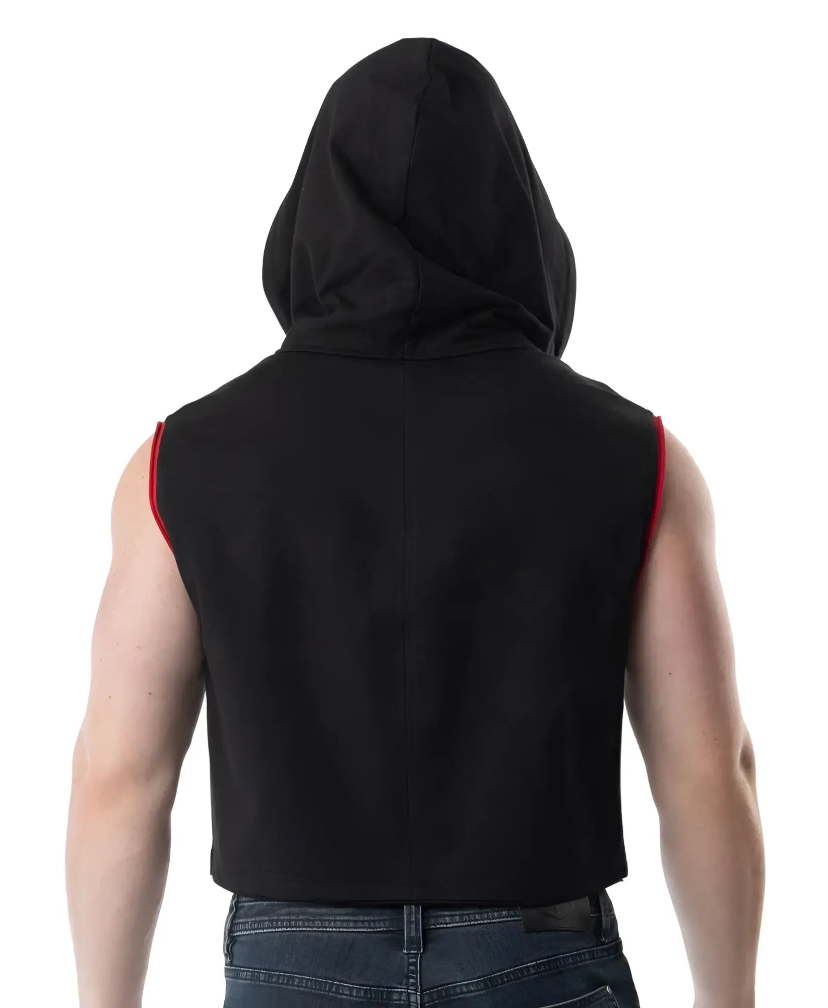Black sleeveless crop top with hood and red trim along armholes from lift club, ideal for workout wear
