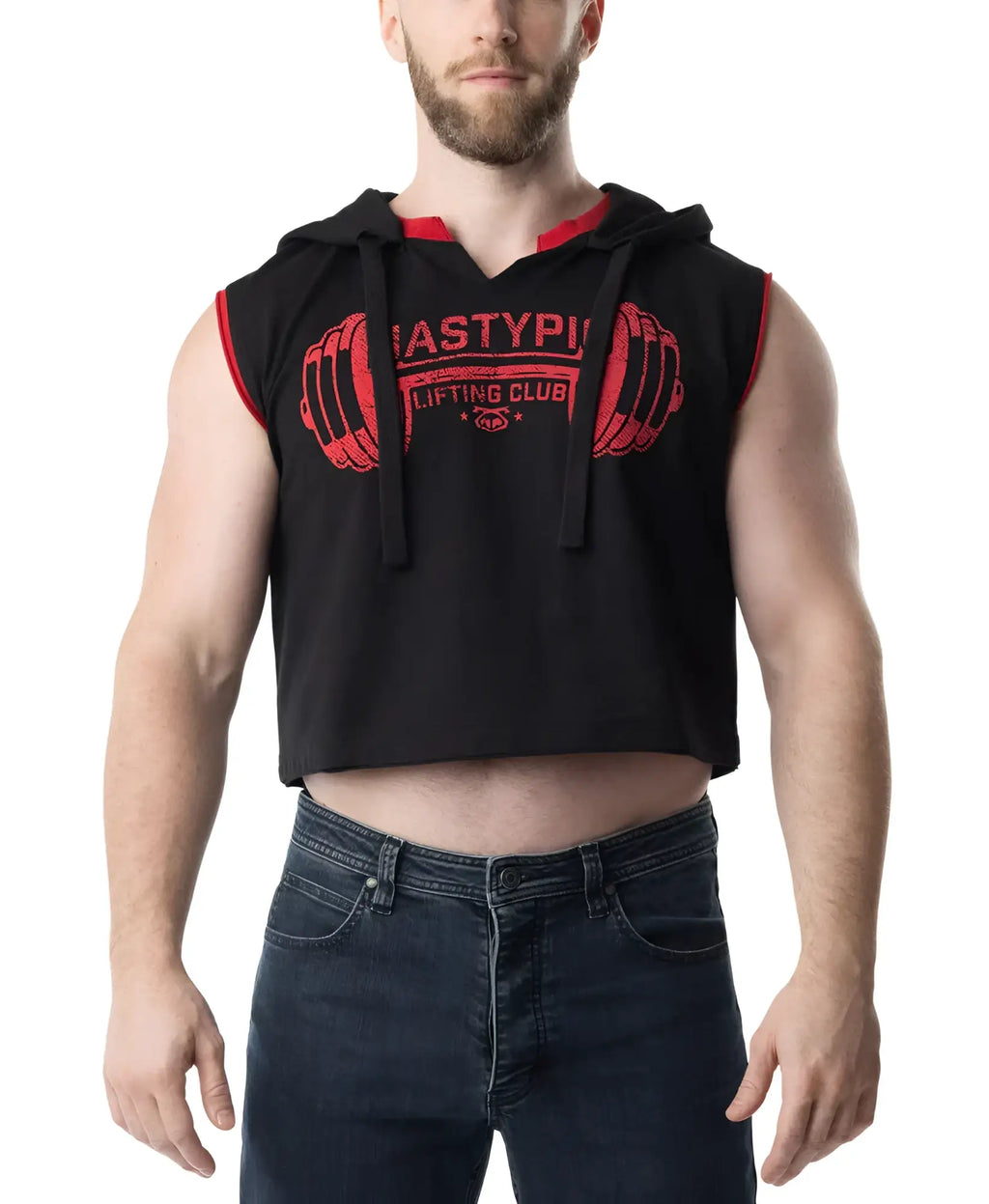 Black sleeveless hoodie crop top with red trim and barbell graphic on chest from Lift Club Sleeveless Hoodie collection