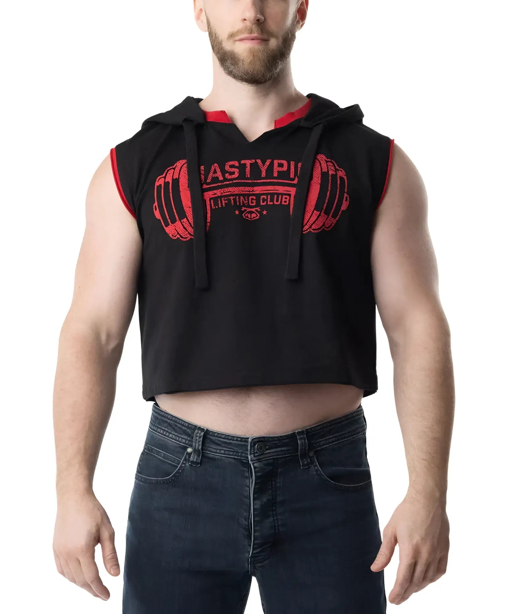 Black sleeveless hoodie crop top with red trim and barbell graphic on chest from Lift Club Sleeveless Hoodie collection