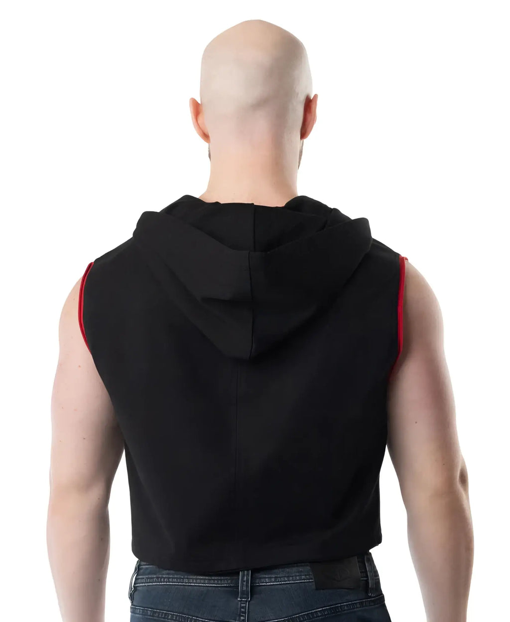 Black sleeveless hoodie with red trim along armholes lift club sleeveless hoodie ideal for workouts and casual wear