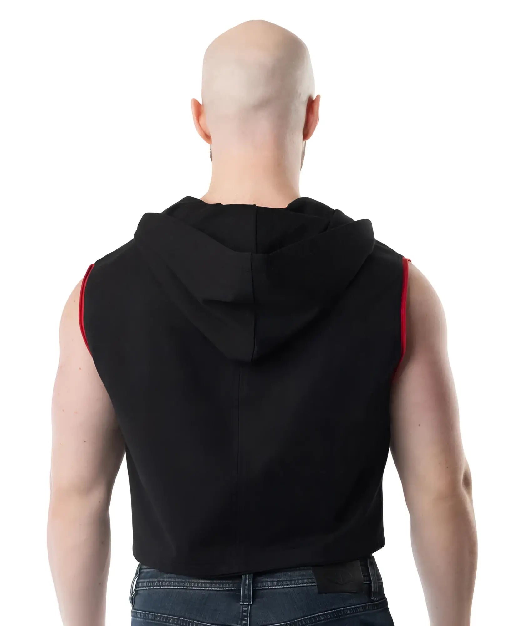 Black sleeveless hoodie with red trim along armholes lift club sleeveless hoodie ideal for workouts and casual wear