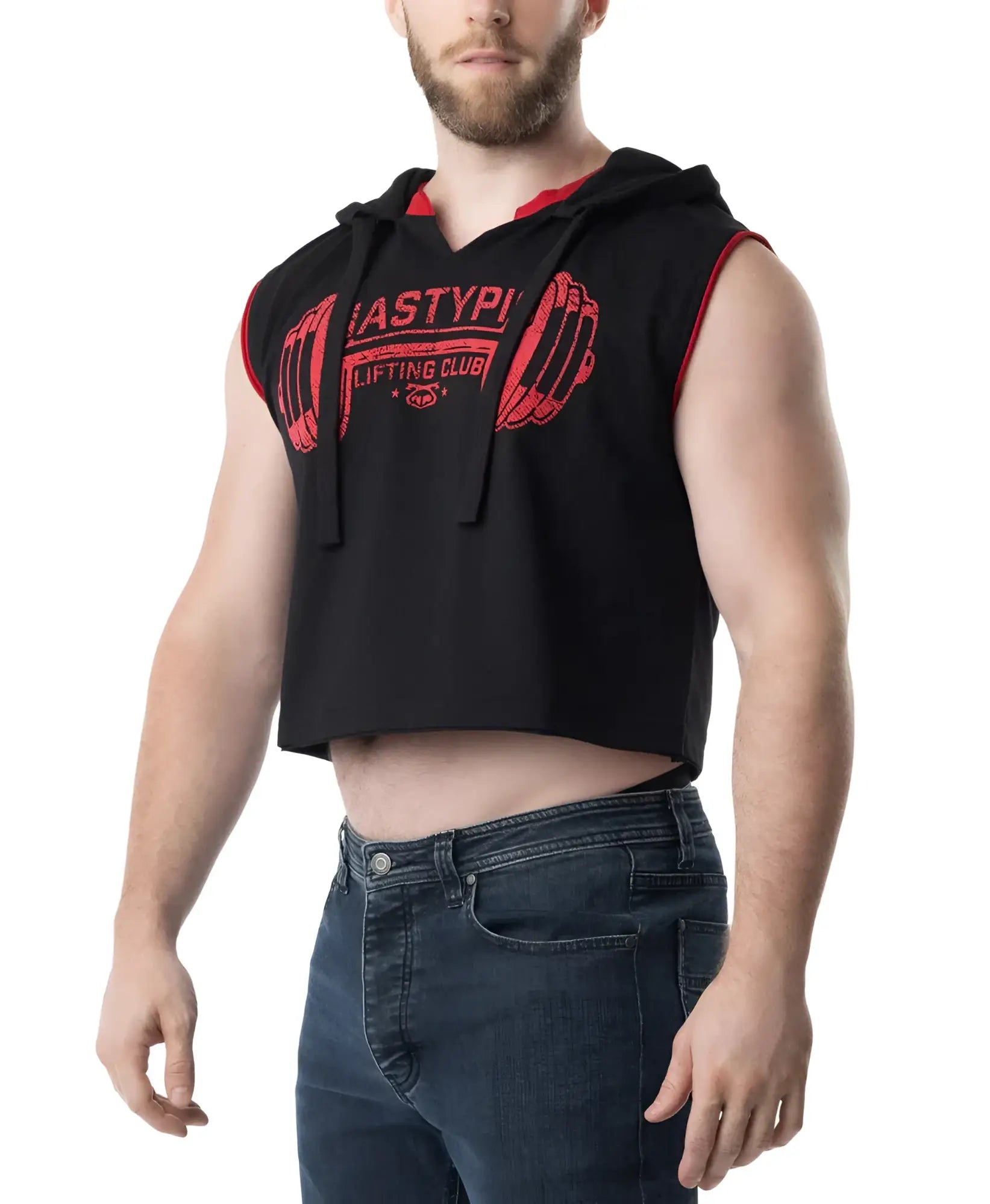 Lift Club sleeveless hoodie in black with red trim featuring a barbell graphic on the chest for lifting workouts