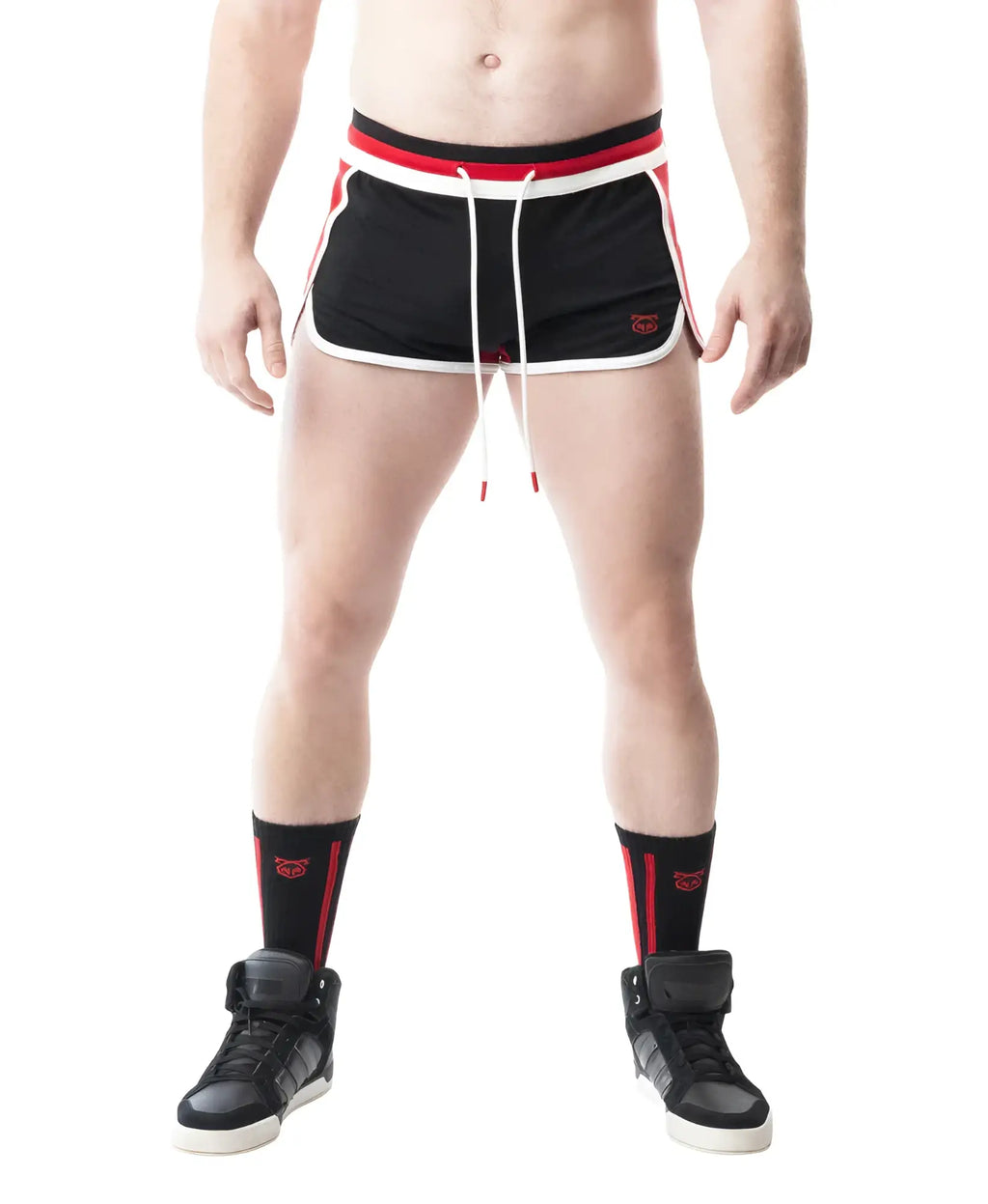 Lift Club trunk short black athletic shorts with red and white trim drawstring waistband and small embroidered logo