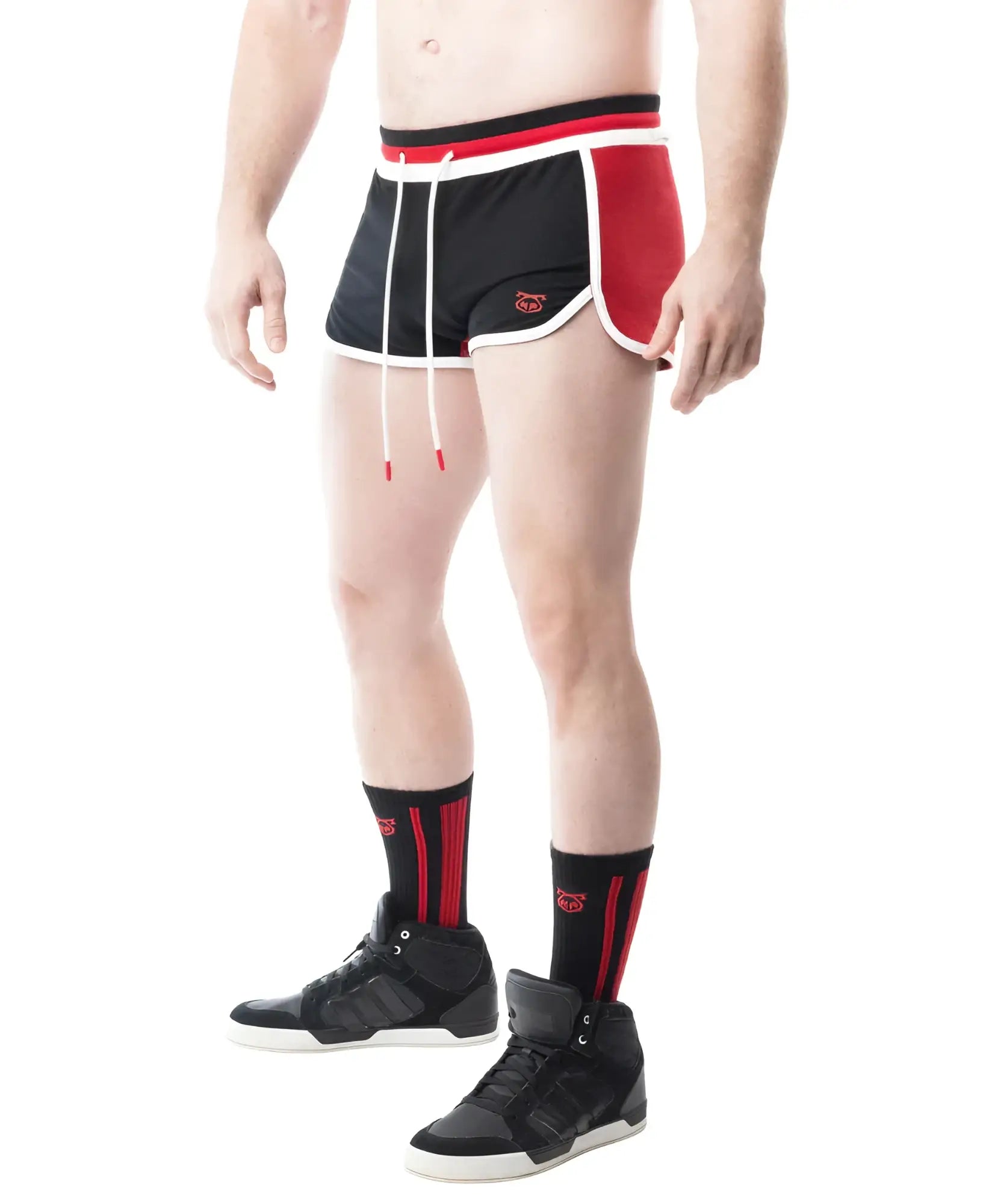 Black and red lift club trunk short with white trim drawstring waistband and small side logo for athletic use